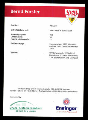 Bernd Förster Autogrammkarte – VFB Stuttgart – Original Signé (non Certifié)