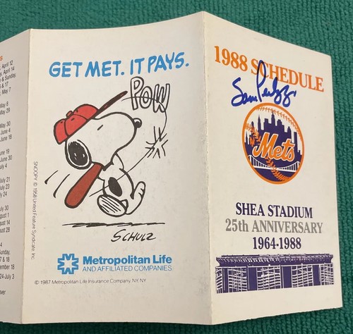 1988 New York Mets ⚾️ Pocket Schedule Met Life Snoopy ⚾️ Sam Perlozzo Auto - Picture 6 of 7