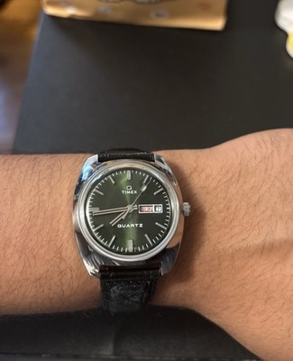 Timex Q Timex 1978 Day/Date 37.5mm Leather Strap Watch Green