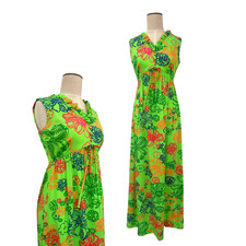 Vintage 1960s Ludy of Honolulu Green Psychedlic Tropical Floral Barkcloth Maxi