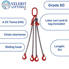 3mtr x4 leg 8mm Lifting Chain Sling 4.25 tonne with Shortners and Loler cert