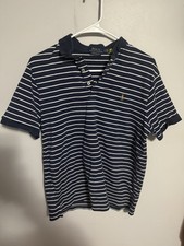 Polo Ralph Lauren Polo Shirt Mens L Navy Blue Striped Custom Slim Fit Runs Small
