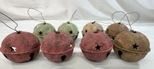 Primitive Americana Jingle Bells Set of 8 Rustic Stars Red Gold Blue Green Tan