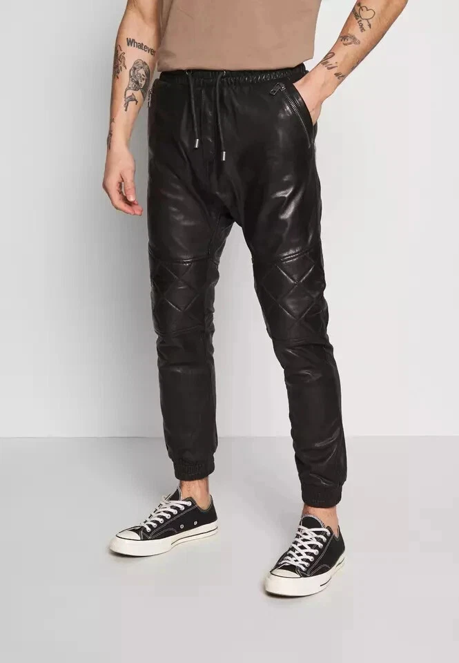 Men's Black Soft Joggers Lambskin Leather Trousers Jogging Leather Track Pant