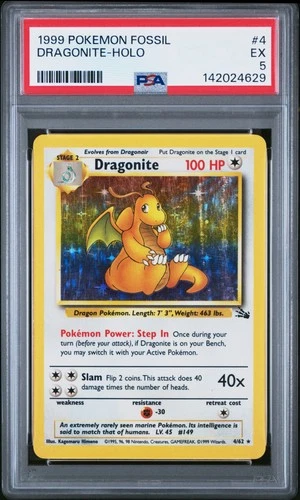 Dragonite Holo Rare 4/62 1999 Fossil Pokemon WOTC English PSA 5 EX