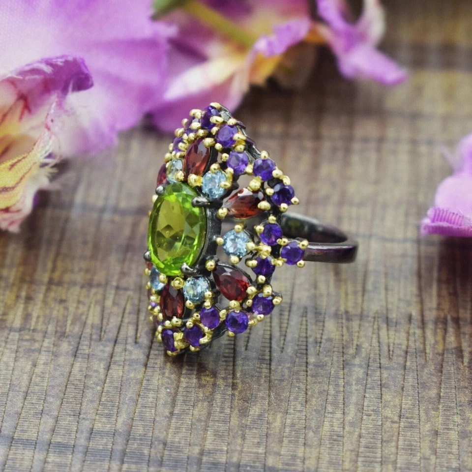 Natural Peridot 925 Sterling Silver Multi Gemstone Cluster Ring Wedding Jewelry - Image 3 of 4
