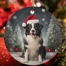 Cute Border Collie Dog Santa Hat Snow Winter Christmas Ornament Gift Tree Decor