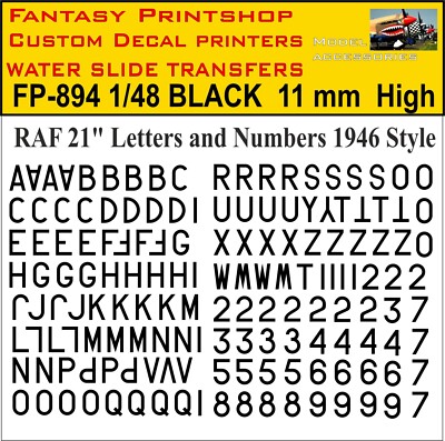 RAF 21'' BUCHSTABEN ZAHLEN WASSERSCHIEBE TRANSFER MODELLBAUSATZ DECALS FP-894 SCHWARZ 1/48