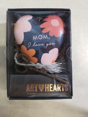 Mom I Love You Floral Blue and Orange 3.5 x 3.5 Resin Stone Art Heart Figurine