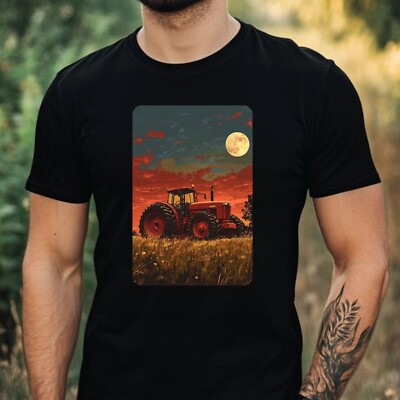 Mens Tractor Red Moon Motif Cotton T-Shirt Size XS to 5XL