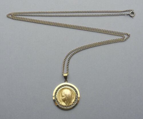 French, Antique Religious Pendant. Saint Virgin Mary. Chain Necklace.