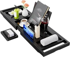 Yirilan Bath Tray, Foldable Bathtub Caddy, Adjustable Premium Bamboo Black 