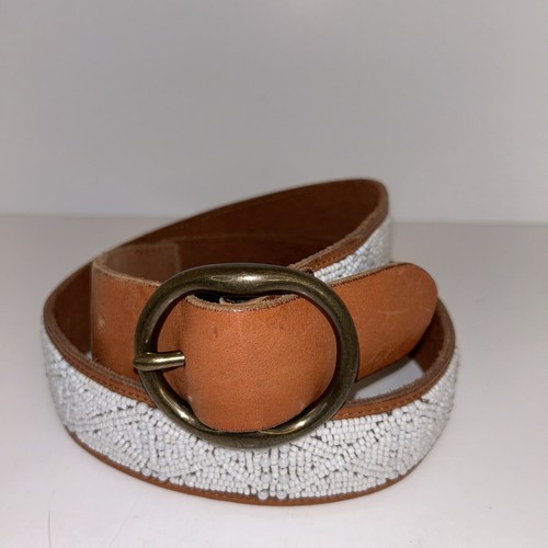 Lucky Brand Beaded Leather Belt Women Size Medium Made In India Light Brwn/White