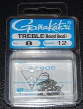 12 Pack Gamakatsu 47006 Round Bend Nickel Tin Treble Hooks - Size 8 Super Sharp