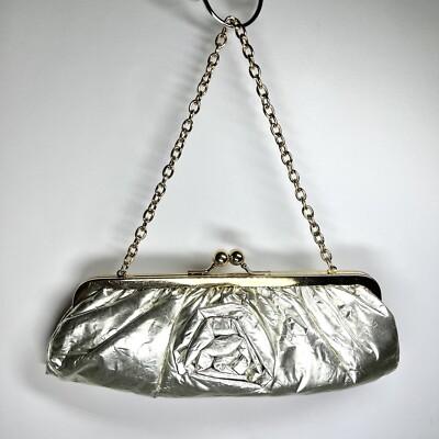 Silver Textured Puffer Rose Clutch Convertible Gold Tone Chain Shoulder Bag EUC