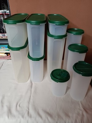 10 Piece Tupperware Modular Mates Lot With Green Lids 6 Oval And 4 Round