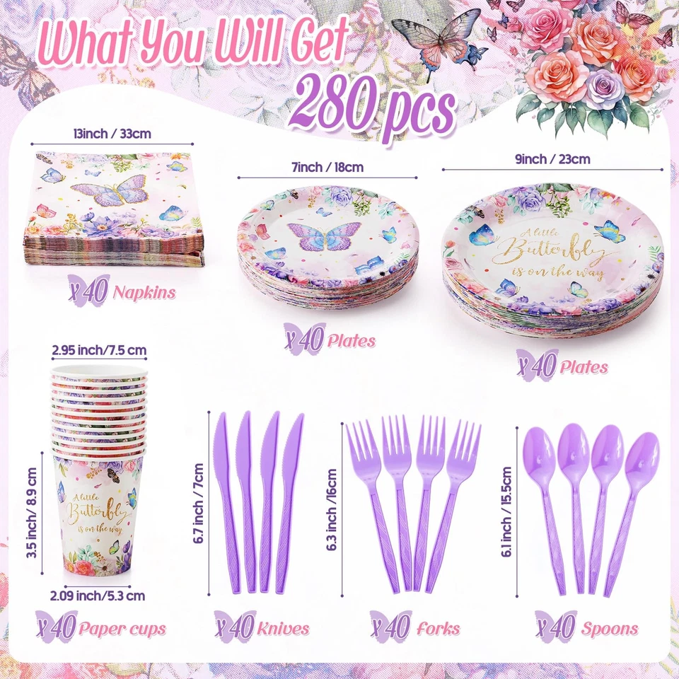 280 piezas platos y servilletas de papel de ducha para bebé mariposa tazas de papel cuchillo de plástico... Foto 2 de 4