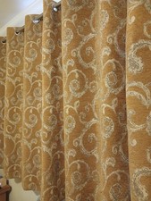 Dunelm Chenille Ochre Scroll Eyelet Curtains W 90" D 54" Vgc