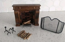 DOLLHOUSE MINIATURES - FIREPLACE, SCREEN, GRATE, ANDIRONS and FIREWOOD LOGS
