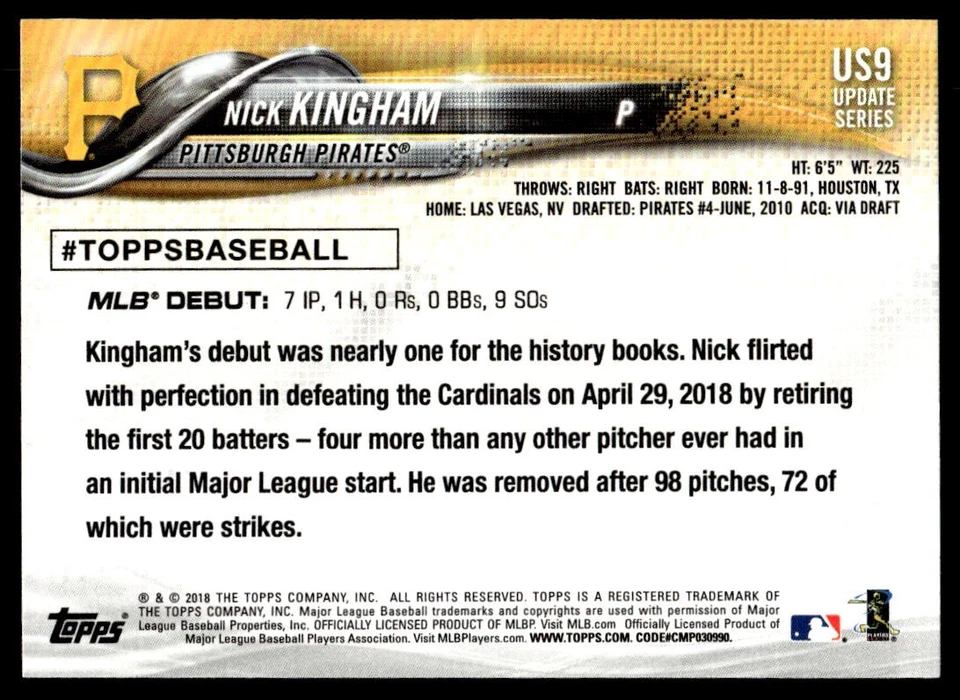 2018 Topps Update Nick Kingham #US9 Rookie Pittsburgh Pirates - Image 2 of 2