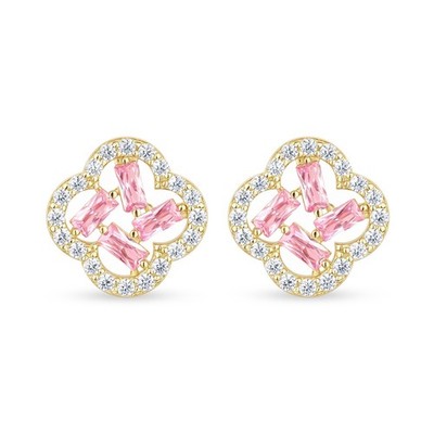 9ct Yellow Gold Pink CZ Baguette Quatrefoil Stud Earrings in Citerna Gift Box