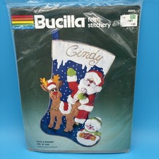 Vtg Bucilla Felt Stitchery Christmas Stocking Santa And Reindeer Kit 18" Snowman