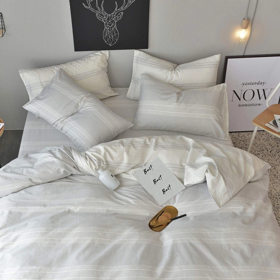 Conjunto de capa de edredom tamanho completo/queen 100% algodão branco/cinza claro estampado listrado... - Imagem 2 de 4