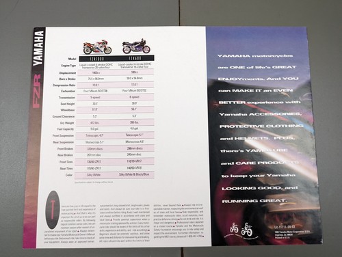 Folleto de ventas publicidad Yamaha FZR 1000 y FZR 600 años 90,- -  - Imagen 2 de 6