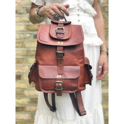 New Men's Handmade Unisex Real Shoulder Leather Backpack Bag Brown Rucksack