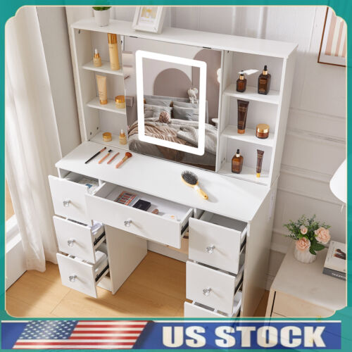 LED Lighted Mirror Vanity Desk Makeup Dressing Table with Charging Station GIFT - Picture 11 of 16