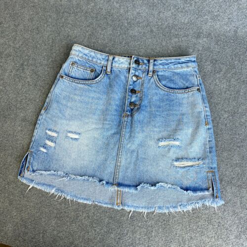 RUSTY Denim Skirt Womens Size 8 Blue Button Fly Distressed Wash Fade Denim Mini