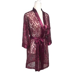 Intimate Affair Robe Womens Size M Ruby Lace Kimono Tie Robe Satin Trim Sexy