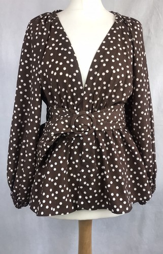 Blusa Peplum Asos Marrón Crema Lunares con Cinturón Mangas Puff Reino Unido 10 Nueva con Etiquetas A66 - Imagen 2 de 12