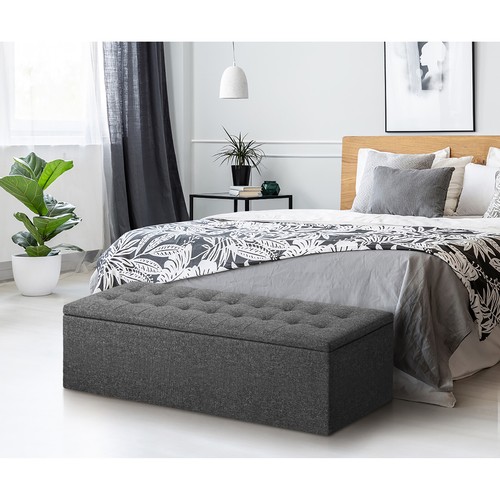 Oikiture Storage Ottoman Blanket Box Faux Linen/PU Leather Toy Foot Stool L/XL - Picture 42 of 130