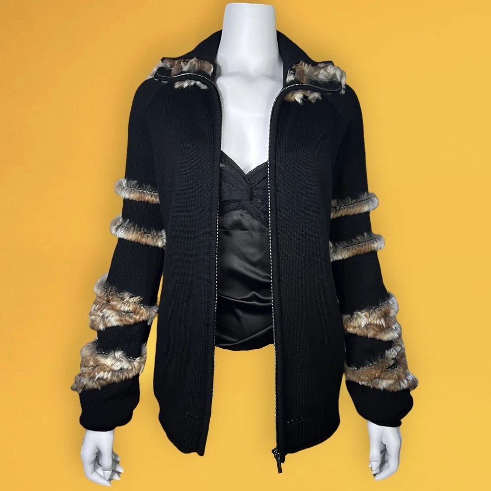 Cárdigan Suéter Vintage FENDI Y2K Cachemir Negro Tejido con Borde de Piel Marrón Cremallera - 42 Foto 3 de 4