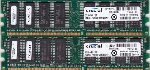 2GB 2x1GB PC-3200 CRUCIAL CT12864Z40B.Y16TY HYNIX DDR-400 DDR1 RAM MEMORY KIT - Afbeelding 2 van 4