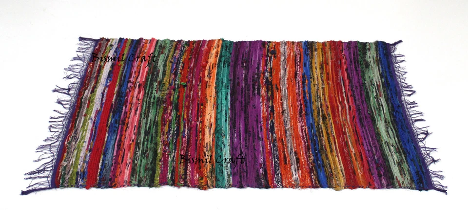 Boho Chindi Rag Rug 100% Recycled Cotton Woven Floor Mat 5x7 Foot PURPLE Rug - Image 2 of 4