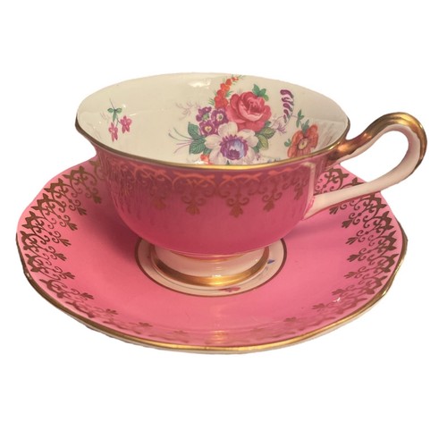 Raro Royal Albert Pompodour rosa y dorado filigrana y taza de té floral y platillo - Imagen 9 de 13