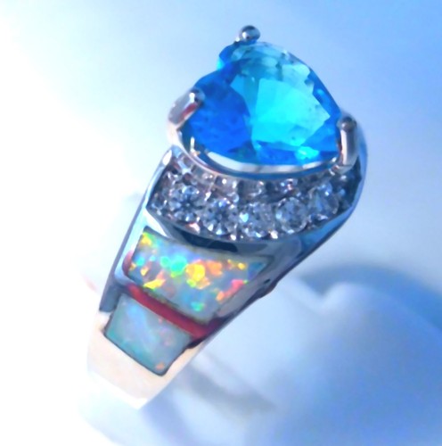 WUNDERSCHÖNER RING WEISS FEUEROPAL/AQUAMARIN UK-Größe "L" US 6 - Bild 5 von 6