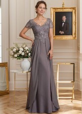 V Neck Short Sleeve Appliques Backless Pleated Chiffon Mother of The Bride Dress