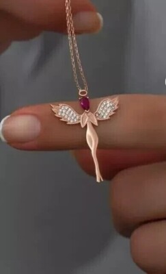 Angle Wings Shape Pendant 14K Yellow Gold Plated Pear Cut Lab-Created Ruby