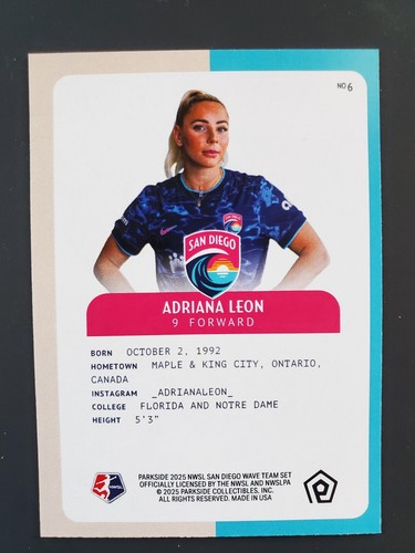 2025 Parkside NWSL Soccer - ADRIANA LEON, San Diego Wave FC Team Card #6 - Picture 2 of 2