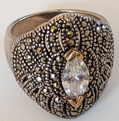 Sterling Silber & 14K Gold Markasit Vintage Statement Schild Ring NF Größe 6,75