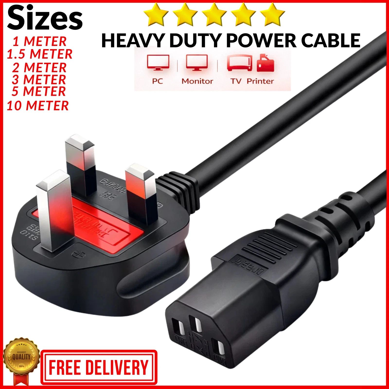 Uk 3 Pin Iec Kettle Lead Power Cable 13A For Pc Monitor Tv Printer 0.5M–10M Lot