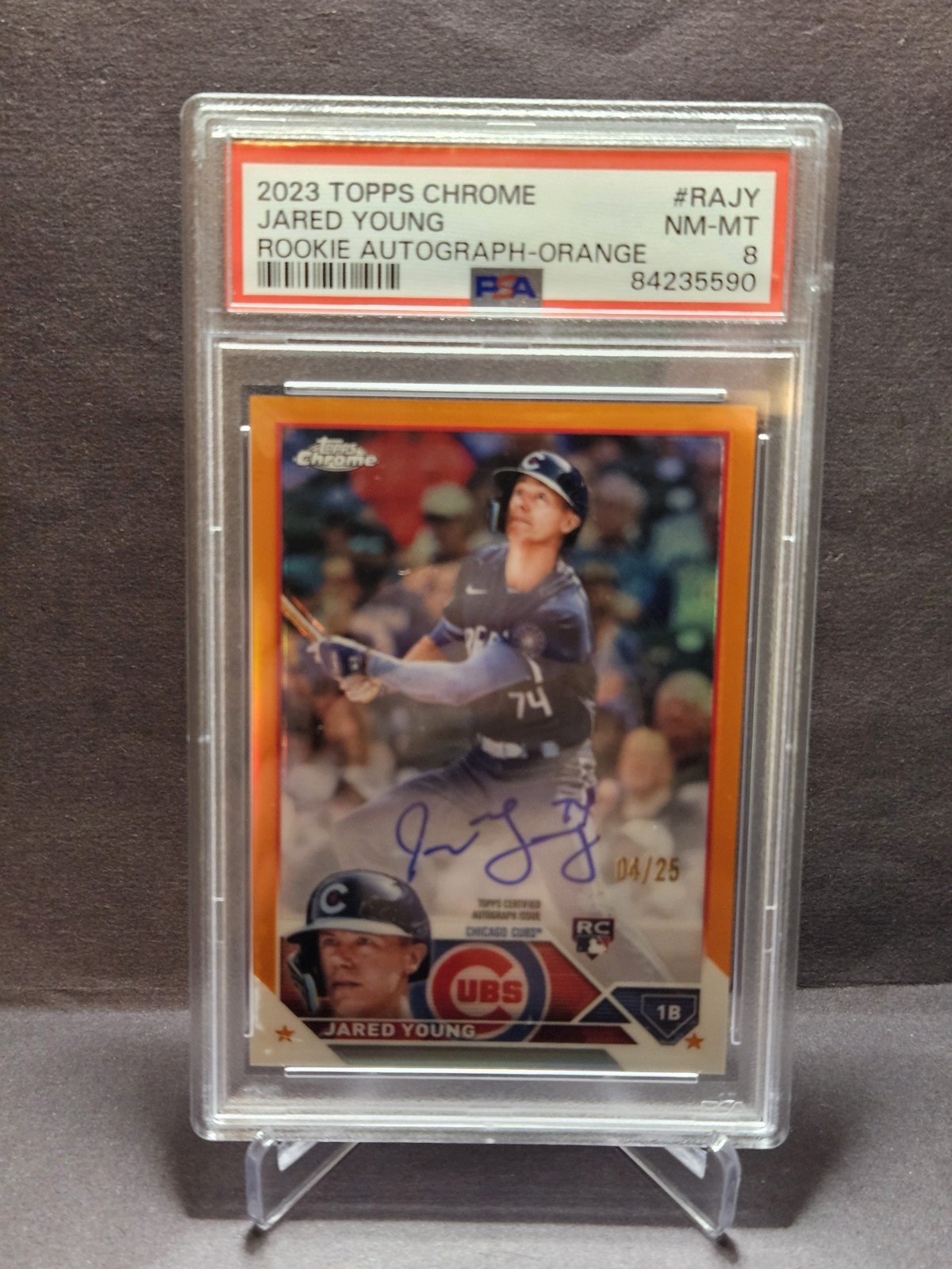 2023 Topps Chrome Jared Young Rookie Auto RC Orange Refractor #/25 Cubs PSA 8 view 1