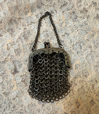 Antique Antique Silver Mesh Chainmail Coin Purse Engraved Kiss Lock Frame Bag