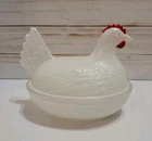 New ListingVtg White Milk Glass Hen on Nest Chicken Red Comb Covered Dish Rustic Swag