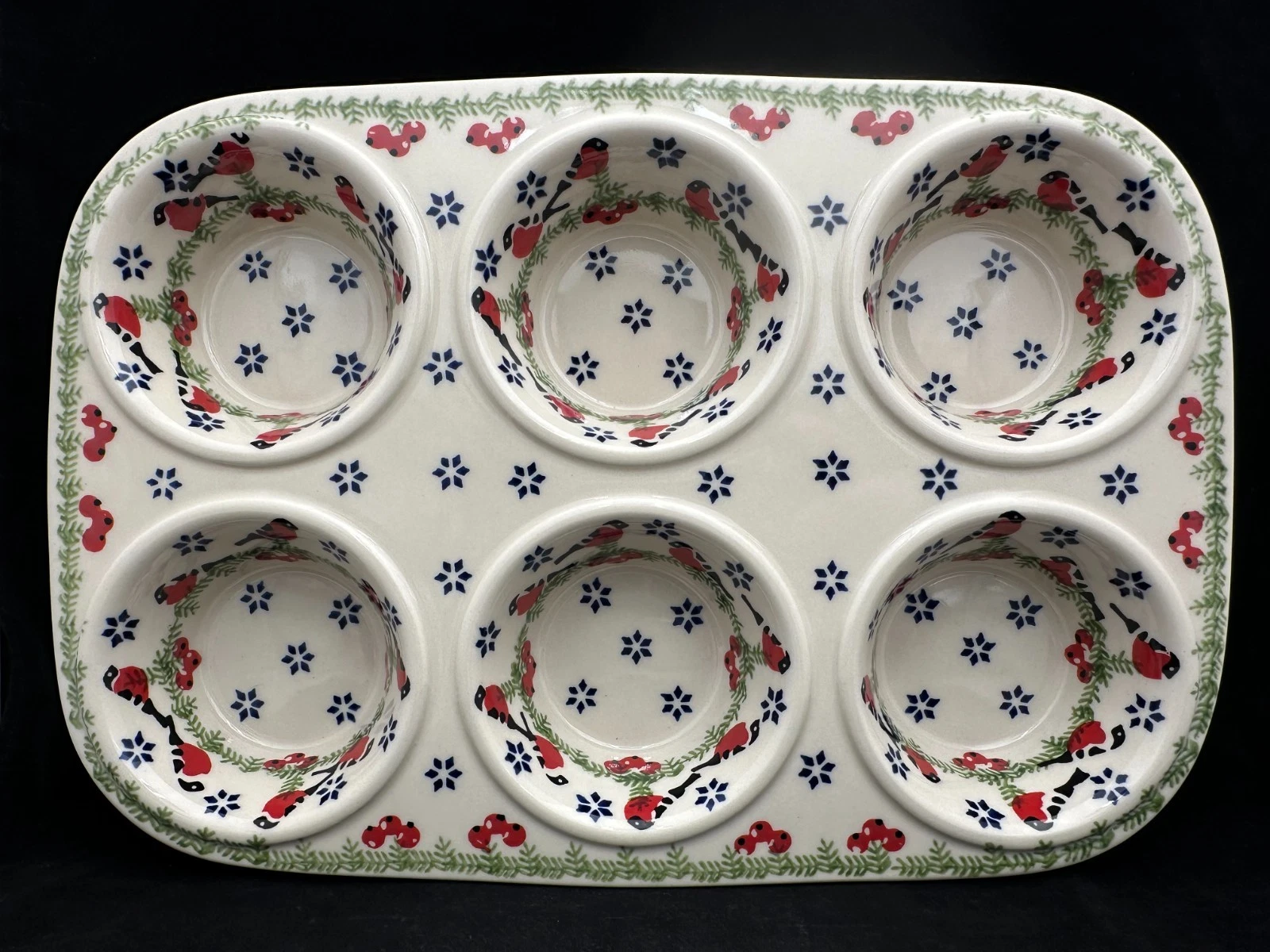 Polish Pottery 6 Muffin Pan Winter Bullfinch Red Bird Manufaktura Boleslawiec