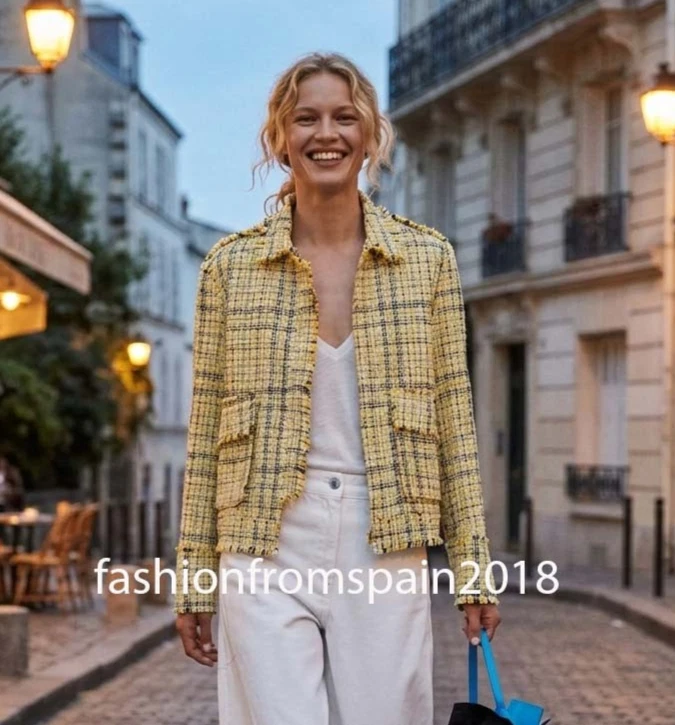 ZARA NEW WOMAN FRAYED ZW COLL TEXTURED PLAID JACKET YELLOW XS-L 7179/049/300