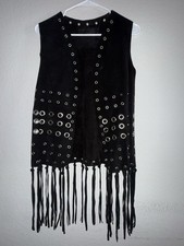 American Vintage Black Suede Fringe Grommet Boho Vest
